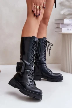 Boto Kozaki Wiosenne|Kozaki Płaskie*Ocieplane Kozaki Glany Do Połowy Łydki Z Saszetką Czarne Temisza