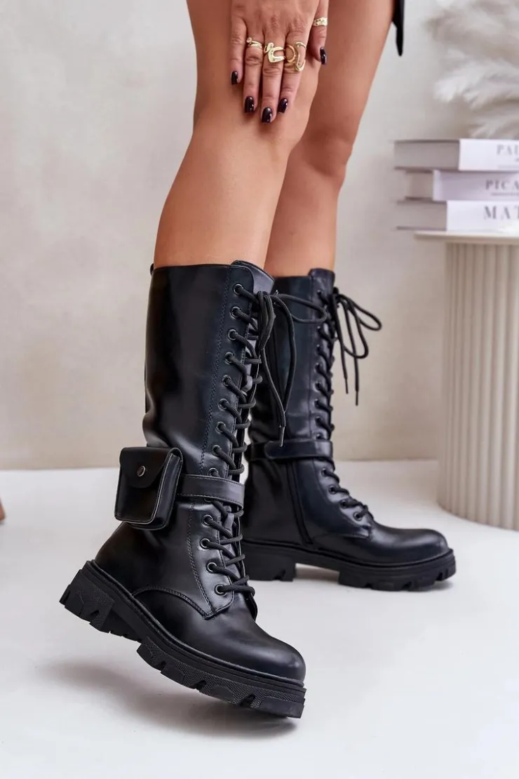 Boto Kozaki Wiosenne|Kozaki Płaskie*Ocieplane Kozaki Glany Do Połowy Łydki Z Saszetką Czarne Temisza