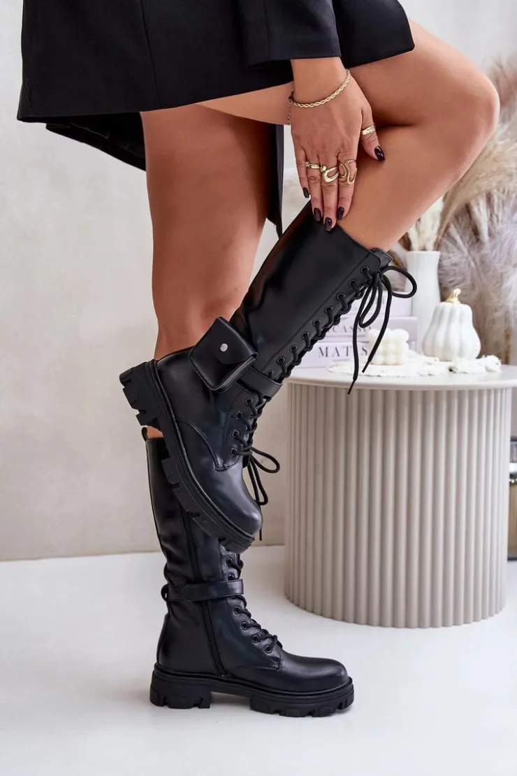 Boto Kozaki Wiosenne|Kozaki Płaskie*Ocieplane Kozaki Glany Do Połowy Łydki Z Saszetką Czarne Temisza