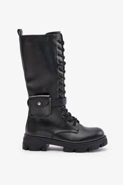 Boto Kozaki Wiosenne|Kozaki Płaskie*Ocieplane Kozaki Glany Do Połowy Łydki Z Saszetką Czarne Temisza