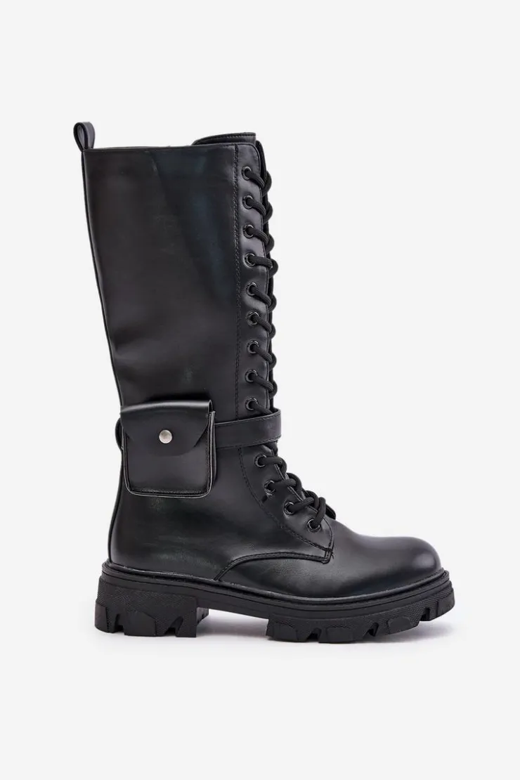 Boto Kozaki Wiosenne|Kozaki Płaskie*Ocieplane Kozaki Glany Do Połowy Łydki Z Saszetką Czarne Temisza