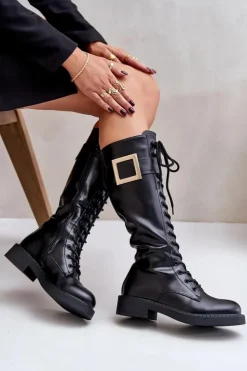 Sale Boto Ocieplane Kozaki Glany Z Ozdobną Klamrą Czarne Linnealisa