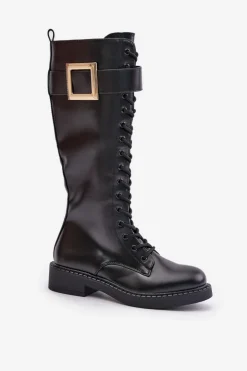 Sale Boto Ocieplane Kozaki Glany Z Ozdobną Klamrą Czarne Linnealisa