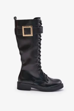 Sale Boto Ocieplane Kozaki Glany Z Ozdobną Klamrą Czarne Linnealisa