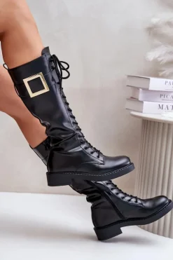 Sale Boto Ocieplane Kozaki Glany Z Ozdobną Klamrą Czarne Linnealisa