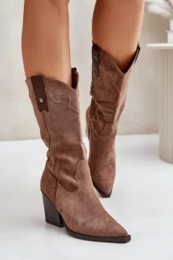Boto Kozaki Przed Kolano|Kozaki Na Obcasie*Ocieplane Kozaki Kowbojki Na Słupku Eko Zamszowe Brązowe Hanivin
