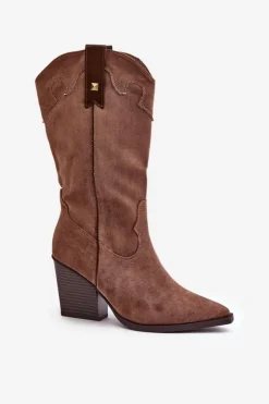 Boto Kozaki Przed Kolano|Kozaki Na Obcasie*Ocieplane Kozaki Kowbojki Na Słupku Eko Zamszowe Brązowe Hanivin