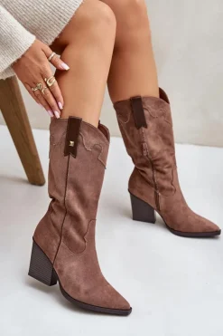 Boto Kozaki Przed Kolano|Kozaki Na Obcasie*Ocieplane Kozaki Kowbojki Na Słupku Eko Zamszowe Brązowe Hanivin
