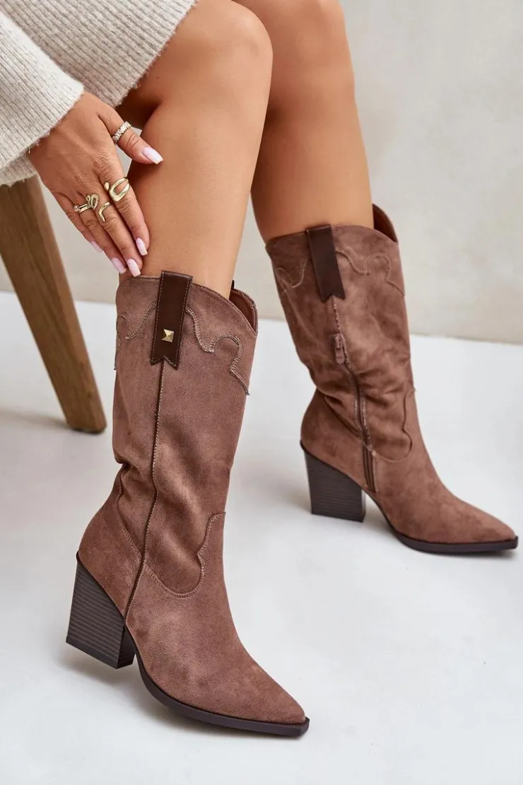 Boto Kozaki Przed Kolano|Kozaki Na Obcasie*Ocieplane Kozaki Kowbojki Na Słupku Eko Zamszowe Brązowe Hanivin