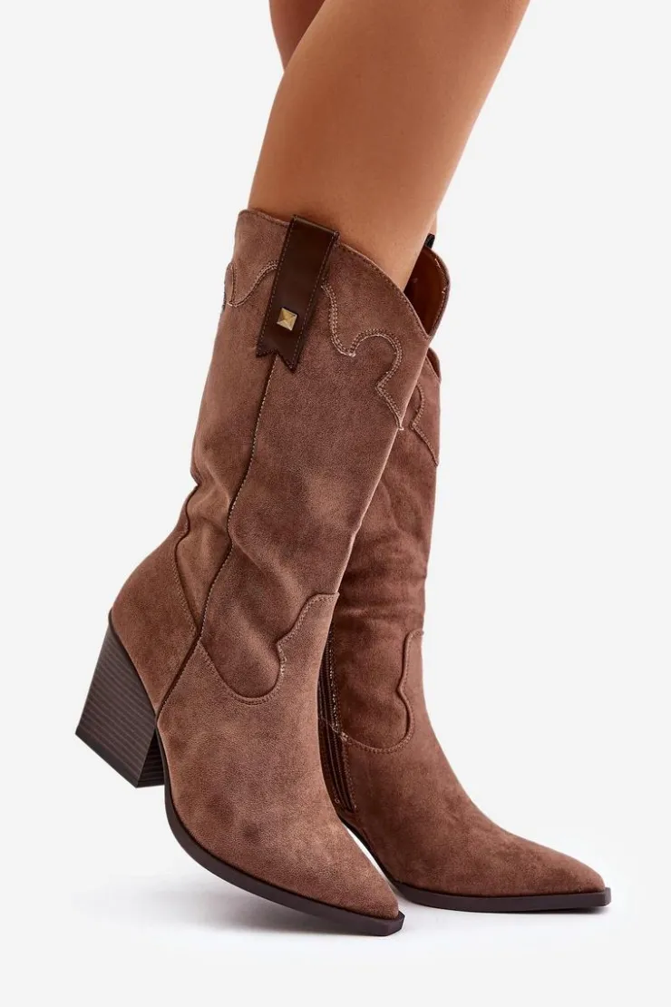 Boto Kozaki Przed Kolano|Kozaki Na Obcasie*Ocieplane Kozaki Kowbojki Na Słupku Eko Zamszowe Brązowe Hanivin