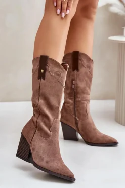 Boto Kozaki Przed Kolano|Kozaki Na Obcasie*Ocieplane Kozaki Kowbojki Na Słupku Eko Zamszowe Brązowe Hanivin