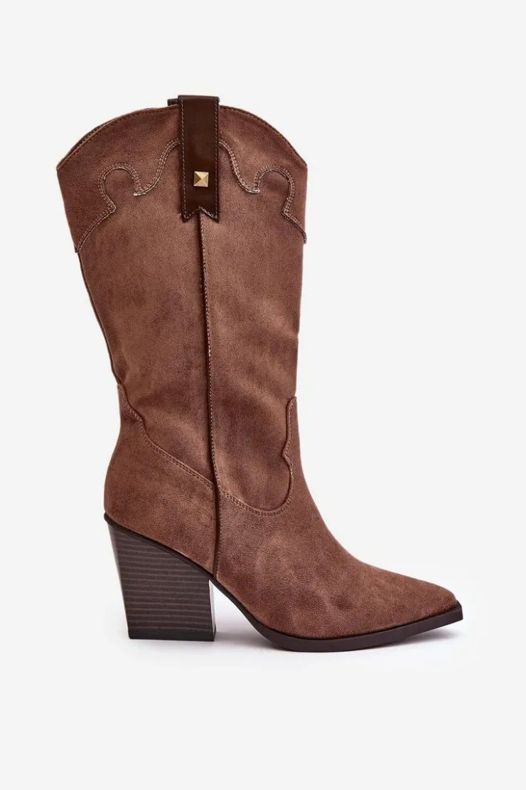 Boto Kozaki Przed Kolano|Kozaki Na Obcasie*Ocieplane Kozaki Kowbojki Na Słupku Eko Zamszowe Brązowe Hanivin