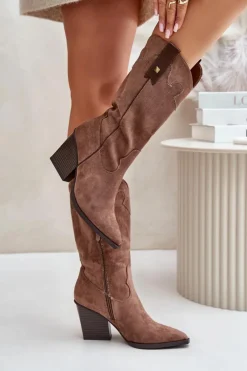 Boto Kozaki Przed Kolano|Kozaki Na Obcasie*Ocieplane Kozaki Kowbojki Na Słupku Eko Zamszowe Brązowe Hanivin