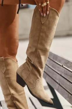 Boto Kozaki Ocieplane|Kozaki Na Słupku*Ocieplane Kozaki Kowbojki Na Obcasie Z Eko Zamszu Beżowe Jovianne Beżowy