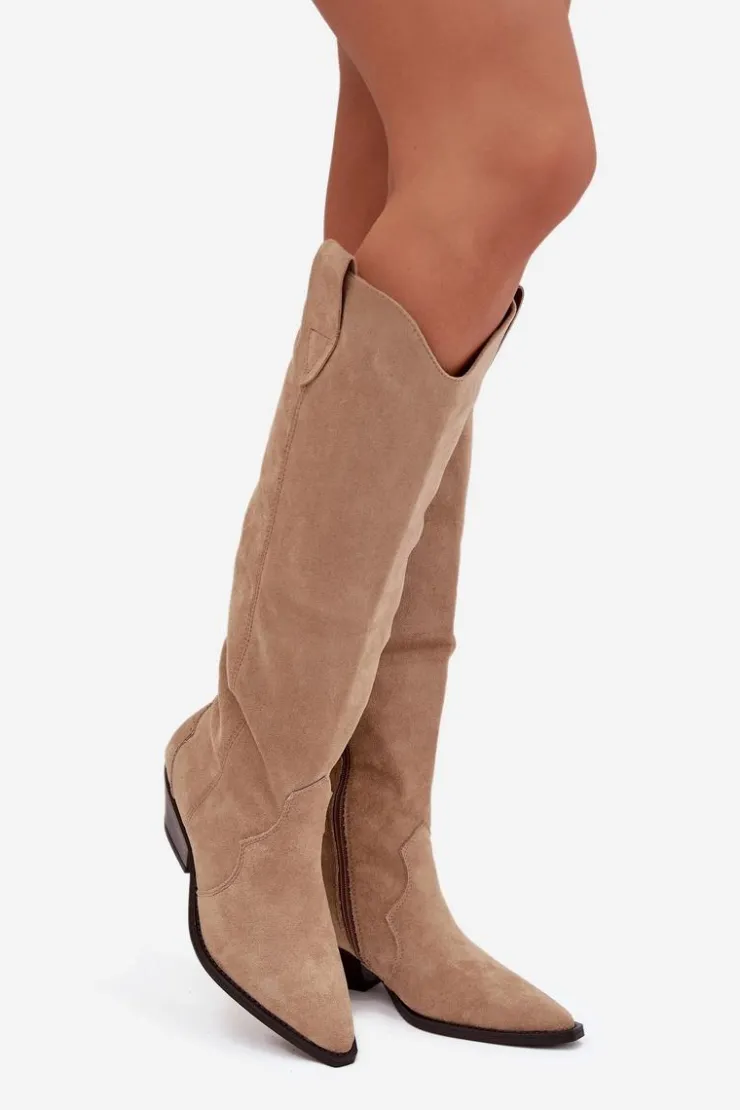 Boto Kozaki Ocieplane|Kozaki Na Słupku*Ocieplane Kozaki Kowbojki Na Obcasie Z Eko Zamszu Beżowe Jovianne Beżowy