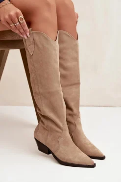 Boto Kozaki Ocieplane|Kozaki Na Słupku*Ocieplane Kozaki Kowbojki Na Obcasie Z Eko Zamszu Beżowe Jovianne Beżowy