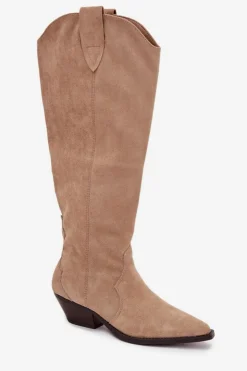 Boto Kozaki Ocieplane|Kozaki Na Słupku*Ocieplane Kozaki Kowbojki Na Obcasie Z Eko Zamszu Beżowe Jovianne Beżowy