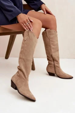 Boto Kozaki Ocieplane|Kozaki Na Słupku*Ocieplane Kozaki Kowbojki Na Obcasie Z Eko Zamszu Beżowe Jovianne Beżowy