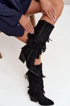 Hot Boto Ocieplane Kozaki Kowbojki Damskie Z Frędzlami Czarne Brivina Czarny