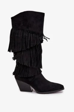 Hot Boto Ocieplane Kozaki Kowbojki Damskie Z Frędzlami Czarne Brivina Czarny