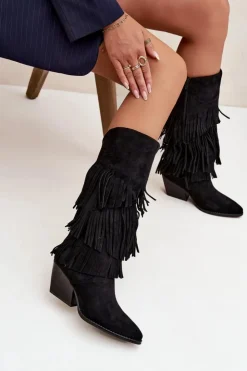 Hot Boto Ocieplane Kozaki Kowbojki Damskie Z Frędzlami Czarne Brivina Czarny