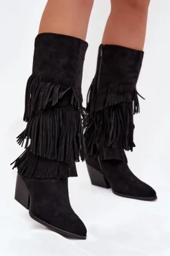 Hot Boto Ocieplane Kozaki Kowbojki Damskie Z Frędzlami Czarne Brivina Czarny