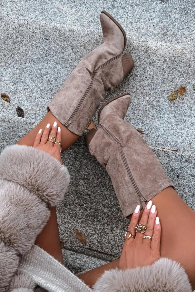 Boto Kozaki Ocieplane|Kozaki Na Słupku*Ocieplane Kozaki Kowbojki Na Słupku Z Eko Zamszu Beżowe Mavine Beżowy