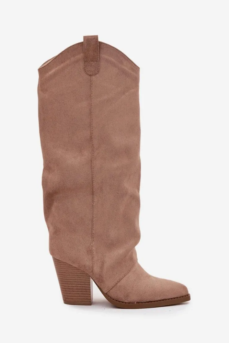 Boto Kozaki Ocieplane|Kozaki Na Słupku*Ocieplane Kozaki Kowbojki Na Słupku Z Eko Zamszu Beżowe Mavine Beżowy