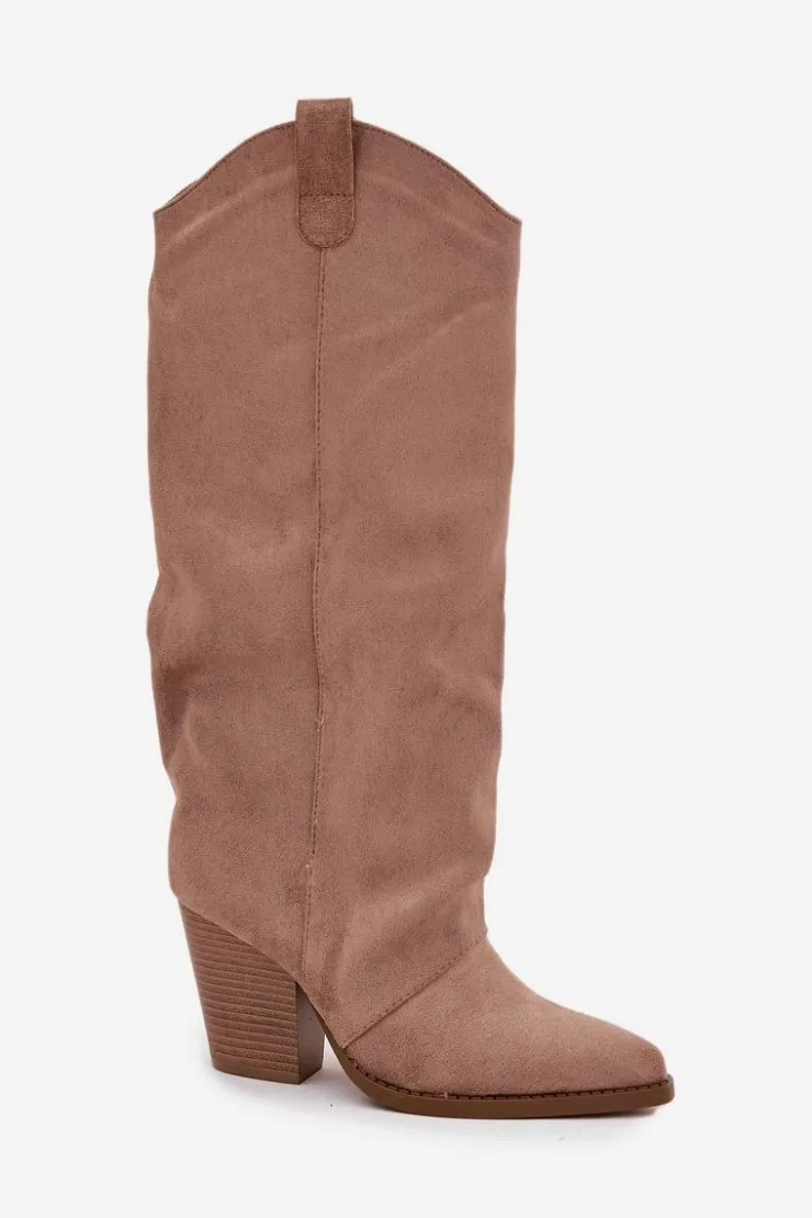 Boto Kozaki Ocieplane|Kozaki Na Słupku*Ocieplane Kozaki Kowbojki Na Słupku Z Eko Zamszu Beżowe Mavine Beżowy