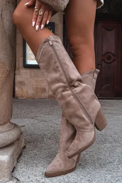 Boto Kozaki Ocieplane|Kozaki Na Słupku*Ocieplane Kozaki Kowbojki Na Słupku Z Eko Zamszu Beżowe Mavine Beżowy