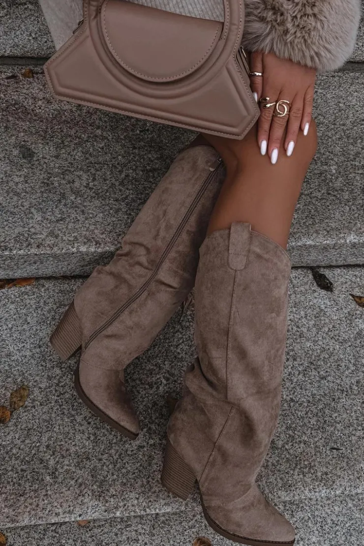 Boto Kozaki Ocieplane|Kozaki Na Słupku*Ocieplane Kozaki Kowbojki Na Słupku Z Eko Zamszu Beżowe Mavine Beżowy