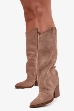 Boto Kozaki Ocieplane|Kozaki Na Słupku*Ocieplane Kozaki Kowbojki Na Słupku Z Eko Zamszu Beżowe Mavine Beżowy