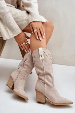 Sale Boto Ocieplane Kozaki Kowbojki Na Słupku Eko Zamszowe Beżowe Hanivin