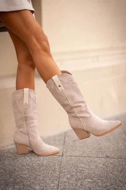 Sale Boto Ocieplane Kozaki Kowbojki Na Słupku Eko Zamszowe Beżowe Hanivin