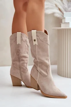 Sale Boto Ocieplane Kozaki Kowbojki Na Słupku Eko Zamszowe Beżowe Hanivin