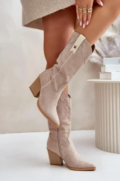 Sale Boto Ocieplane Kozaki Kowbojki Na Słupku Eko Zamszowe Beżowe Hanivin