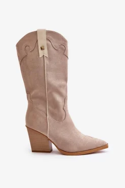 Sale Boto Ocieplane Kozaki Kowbojki Na Słupku Eko Zamszowe Beżowe Hanivin