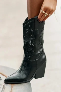 New Boto Ocieplane Kozaki Kowbojki Na Słupku Ze Zdobieniem Czarne Arlitta