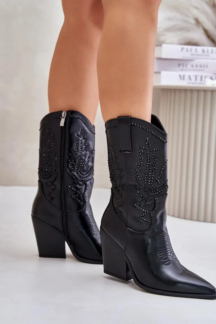 New Boto Ocieplane Kozaki Kowbojki Na Słupku Ze Zdobieniem Czarne Arlitta