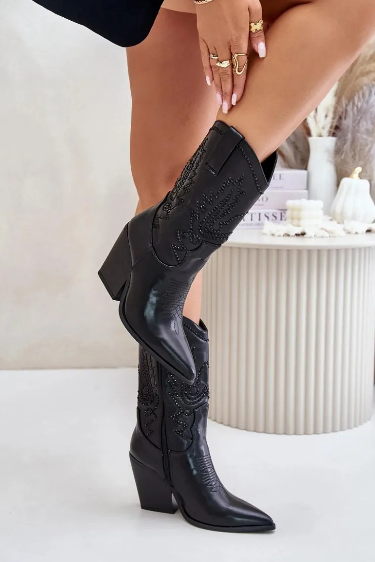 New Boto Ocieplane Kozaki Kowbojki Na Słupku Ze Zdobieniem Czarne Arlitta