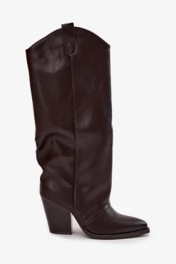 Damskie Boto Ocieplane Kozaki Kowbojki Na Słupku Z Eko Skóry Czekoladowe Mavine