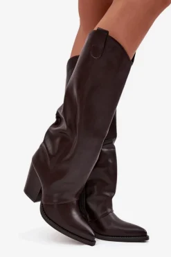 Damskie Boto Ocieplane Kozaki Kowbojki Na Słupku Z Eko Skóry Czekoladowe Mavine