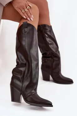 Damskie Boto Ocieplane Kozaki Kowbojki Na Słupku Z Eko Skóry Czekoladowe Mavine