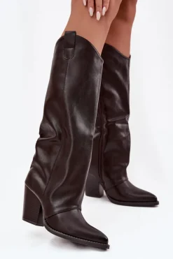 Damskie Boto Ocieplane Kozaki Kowbojki Na Słupku Z Eko Skóry Czekoladowe Mavine