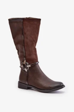 Sale Boto Ocieplane Kozaki Na Płaskim Obcasie Z Ozdobną Klamrą Brązowe Leatharia Brązowy