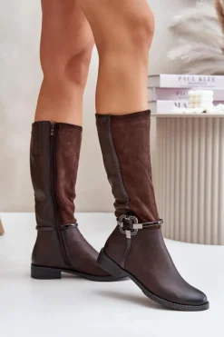 Sale Boto Ocieplane Kozaki Na Płaskim Obcasie Z Ozdobną Klamrą Brązowe Leatharia Brązowy