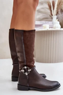 Sale Boto Ocieplane Kozaki Na Płaskim Obcasie Z Ozdobną Klamrą Brązowe Leatharia Brązowy