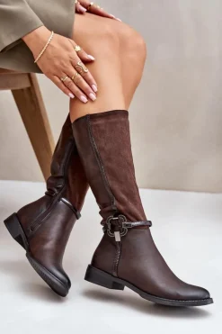 Sale Boto Ocieplane Kozaki Na Płaskim Obcasie Z Ozdobną Klamrą Brązowe Leatharia Brązowy