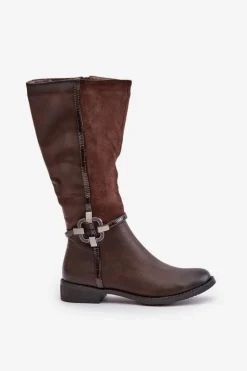 Sale Boto Ocieplane Kozaki Na Płaskim Obcasie Z Ozdobną Klamrą Brązowe Leatharia Brązowy