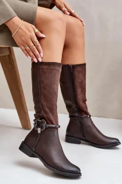 Sale Boto Ocieplane Kozaki Na Płaskim Obcasie Z Ozdobną Klamrą Brązowe Leatharia Brązowy